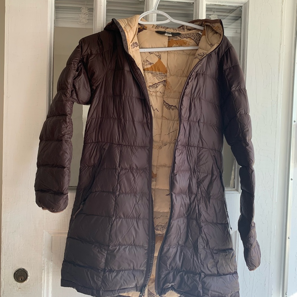 REI long down trench coat size small plum/brown